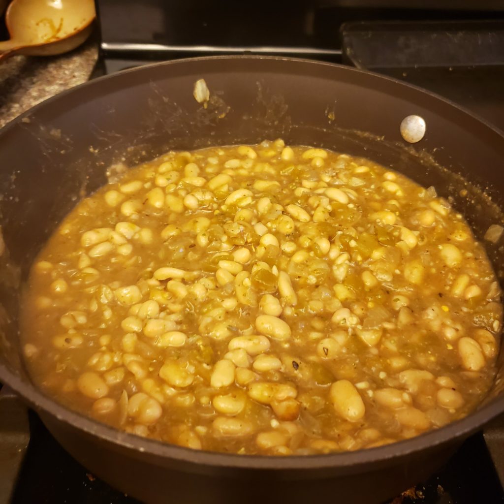 Smokey White Chicken Chili in a saute pan