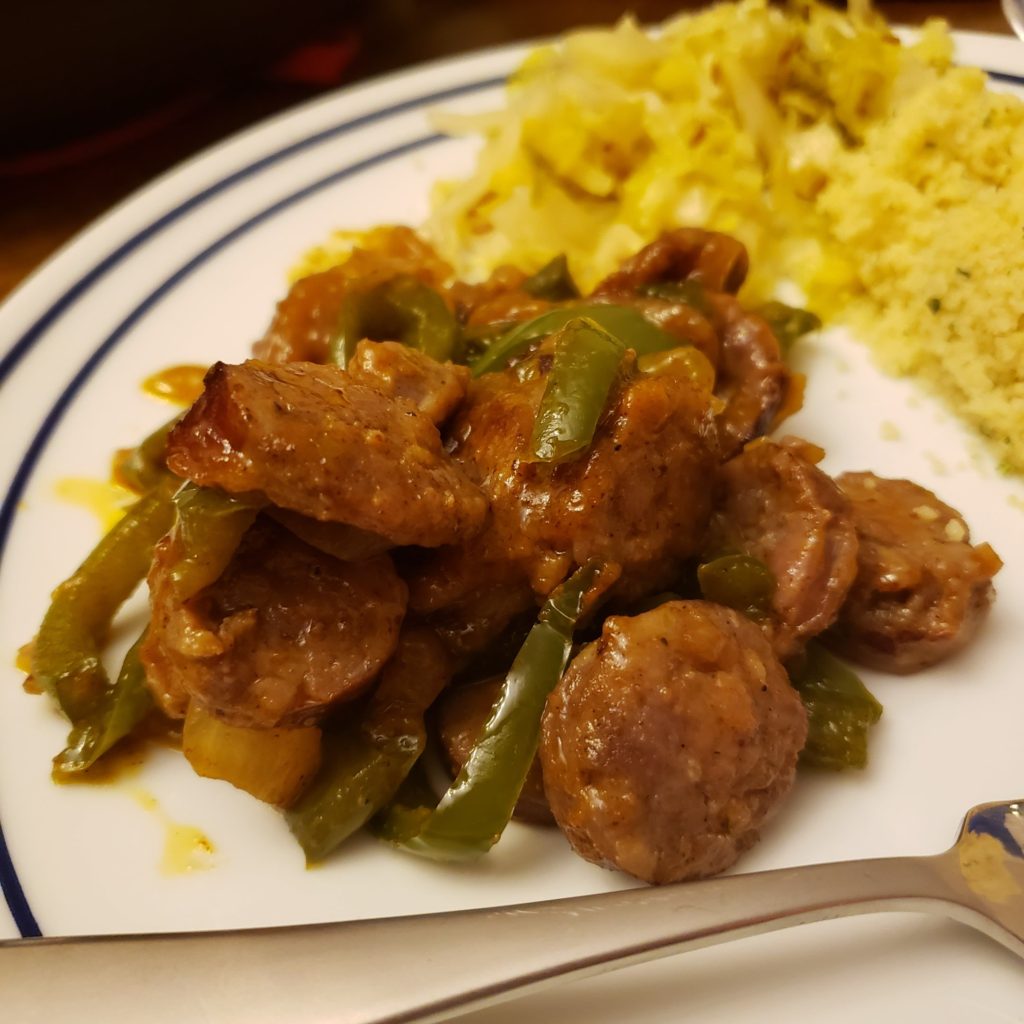 German Bratwurst Stir Fry on a white plate