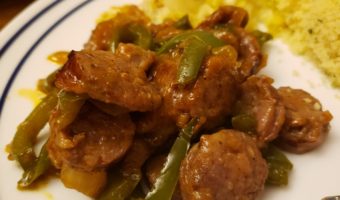 German Bratwurst Stir Fry on a white plate