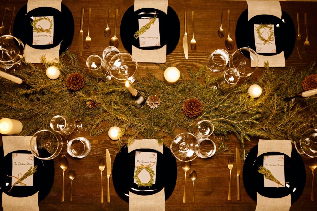 top view of an elegant table set up for christmas