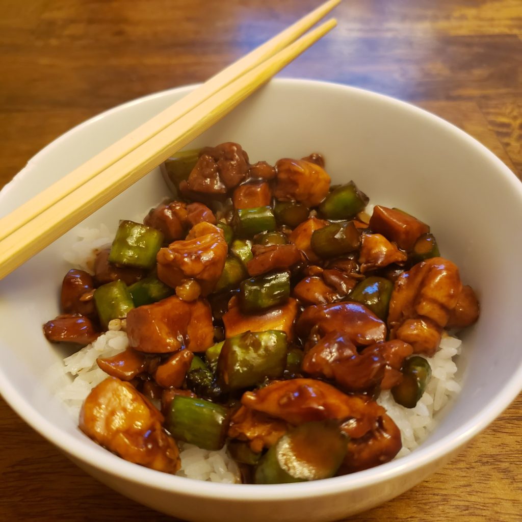 a balanced meal, chicken, asparagus, over rice